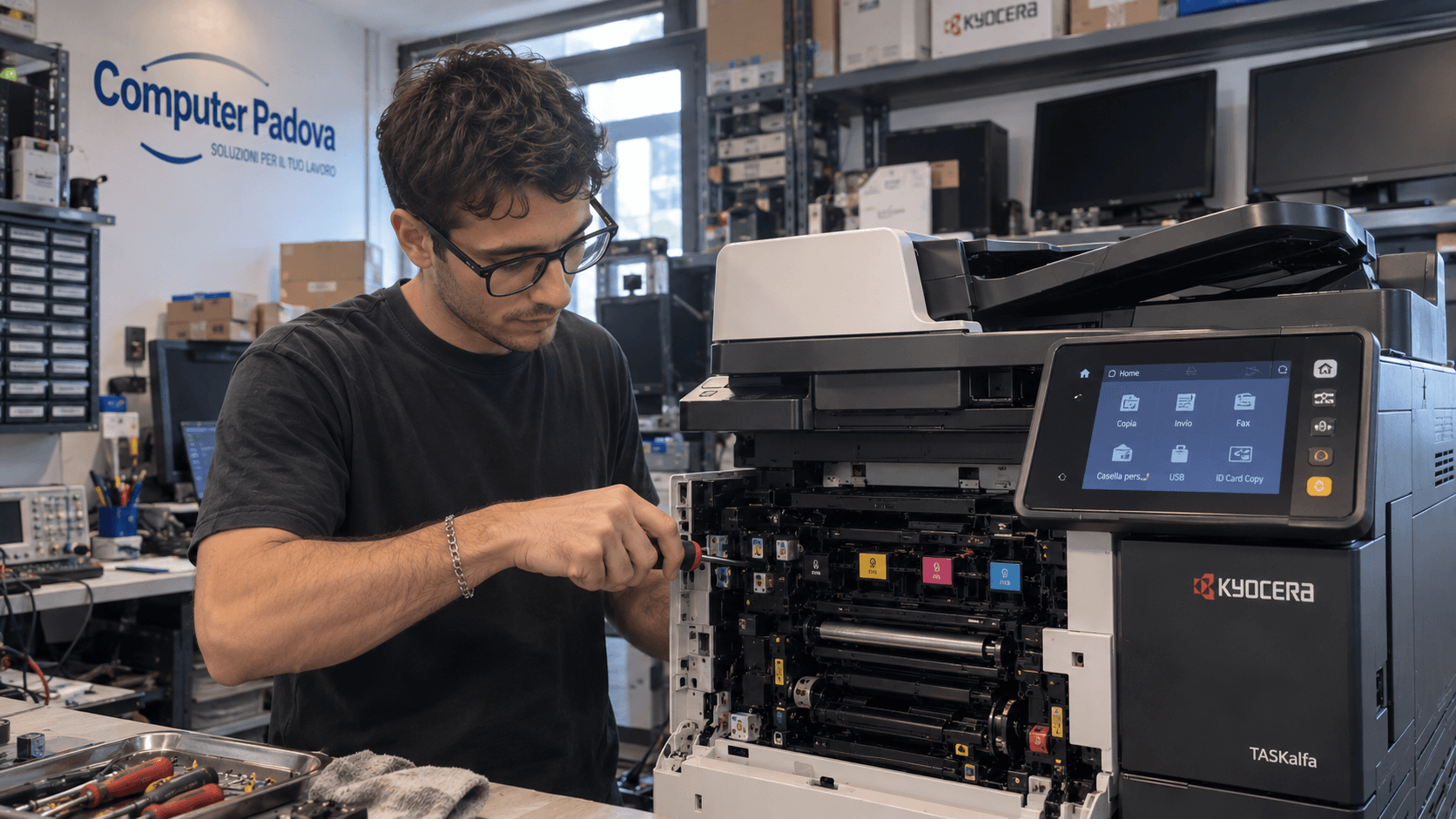 Tecnico Computer Padova al lavoro su una multifunzione aperta nel laboratorio.