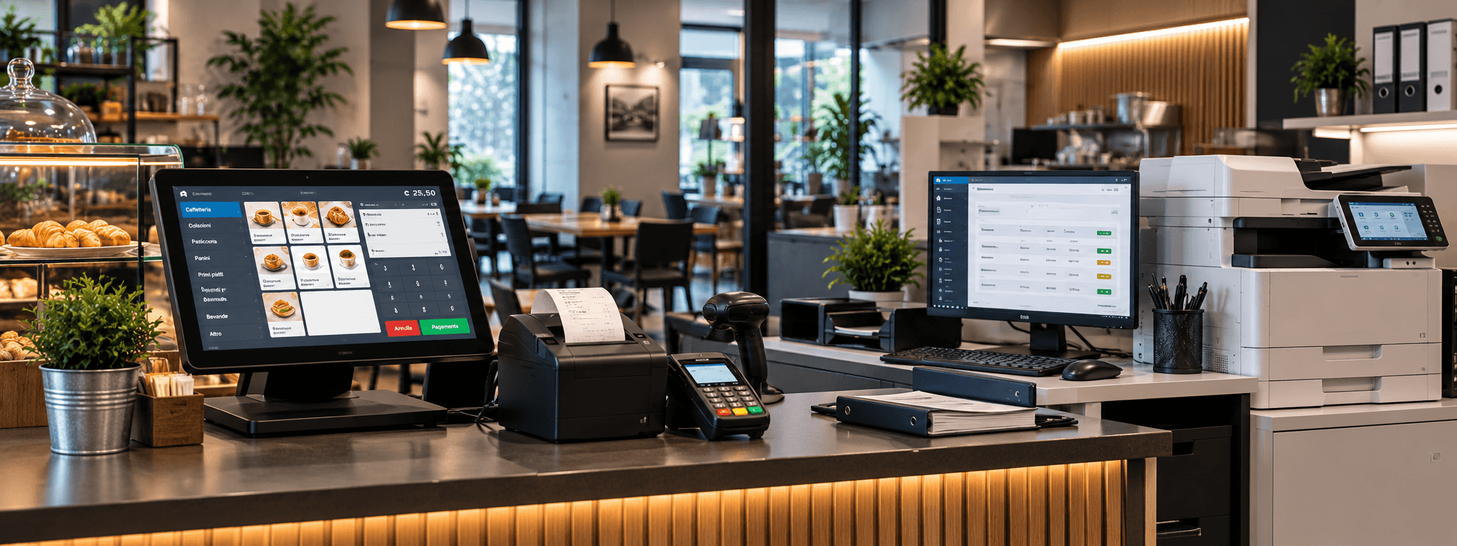 Sistema POS e stampante per scontrini al banco di un locale, affiancati da una postazione con software gestionale e multifunzione.
