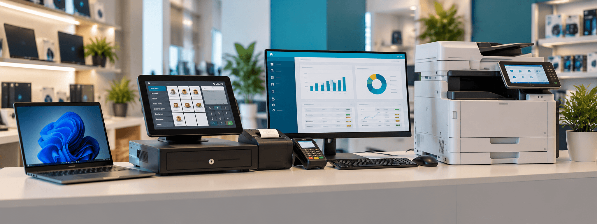 Notebook, sistema POS con cassa e stampante per scontrini, monitor con software gestionale e multifunzione.