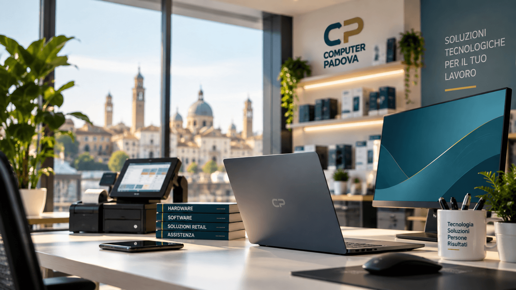 Notebook, monitor e registratore di cassa POS nello spazio Computer Padova, con il logo sulla parete.