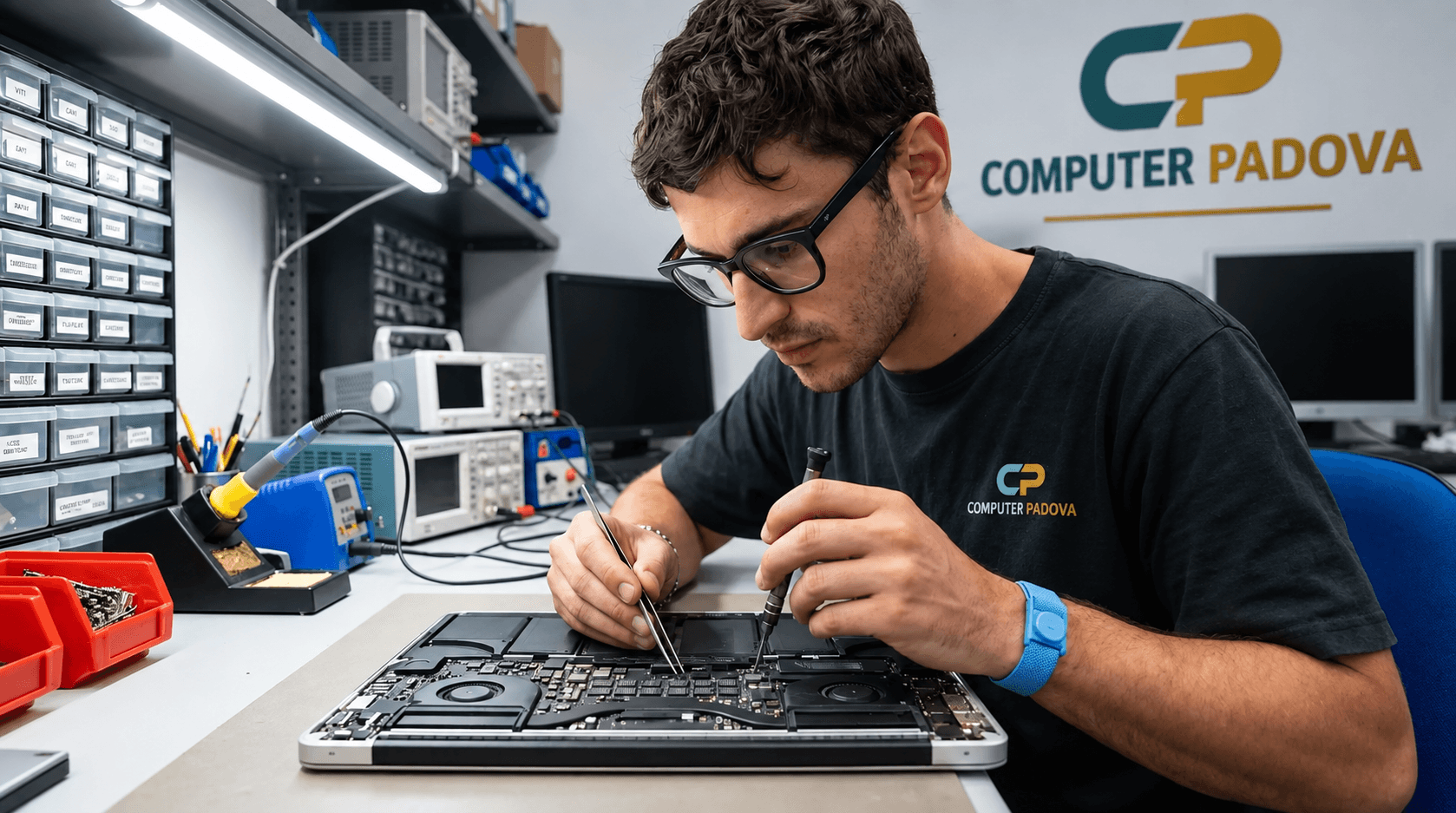 Tecnico al banco del laboratorio durante la riparazione di un notebook aperto.