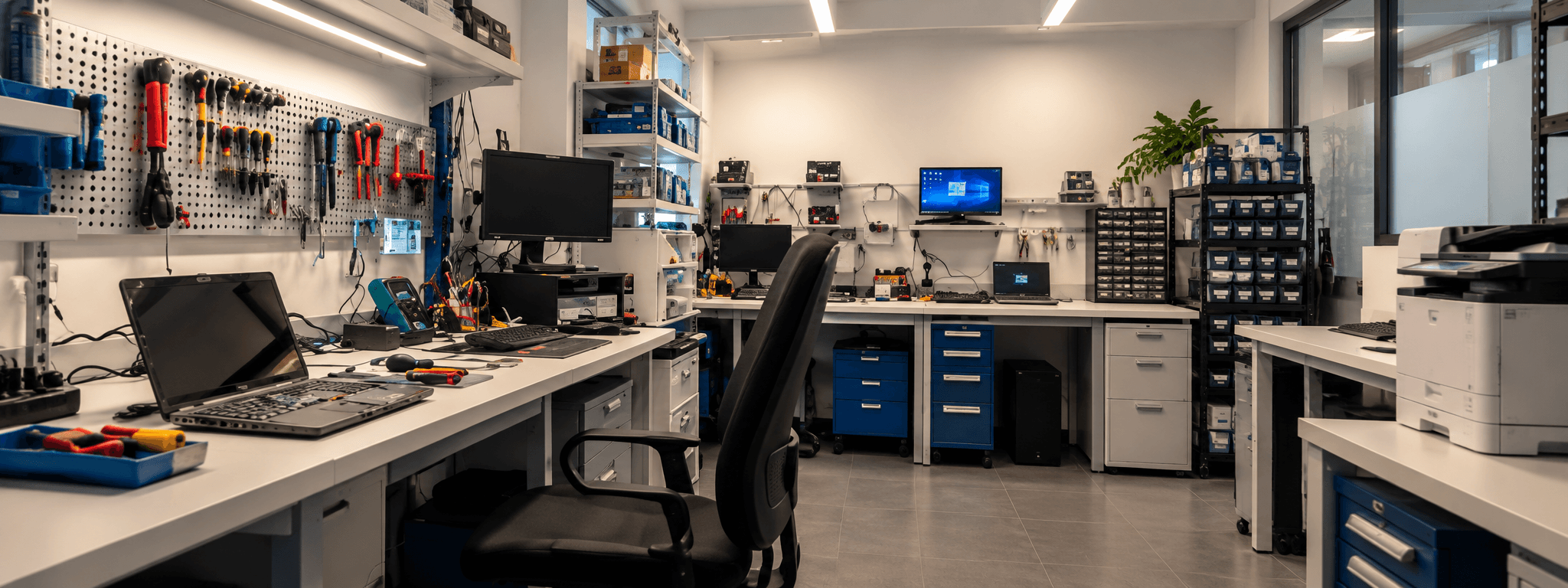 Laboratorio tecnico con banchi di lavoro, computer, strumenti e ricambi per l'assistenza.