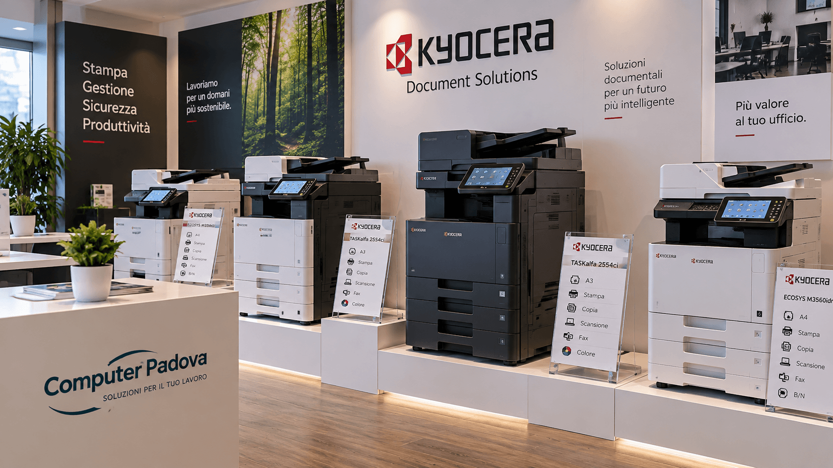 Multifunzione professionali Kyocera esposte nello showroom Computer Padova.
