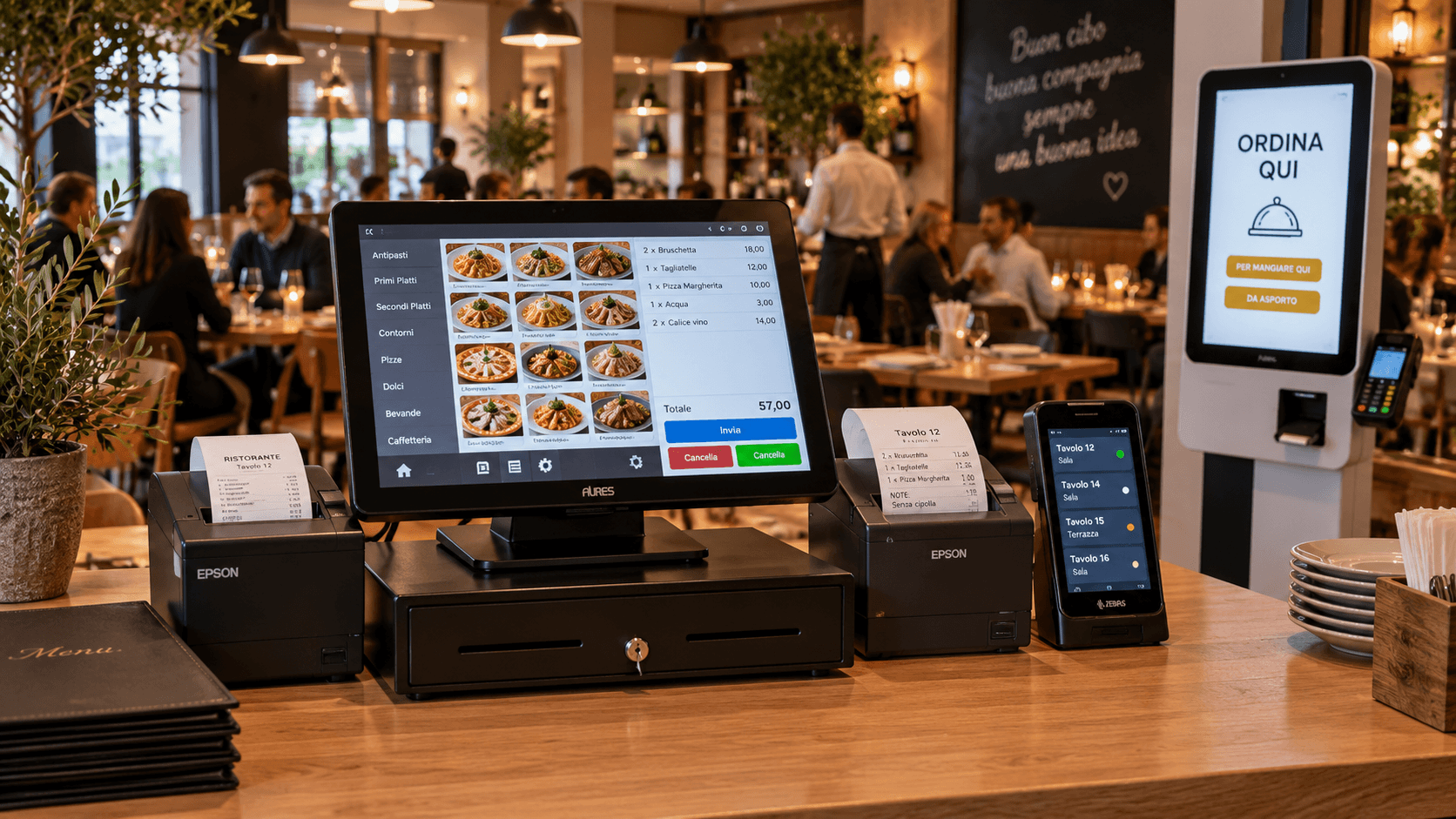 Sistema per la ristorazione con POS touch, stampanti fiscali e per comande, terminale palmare e Kiosk self-service.