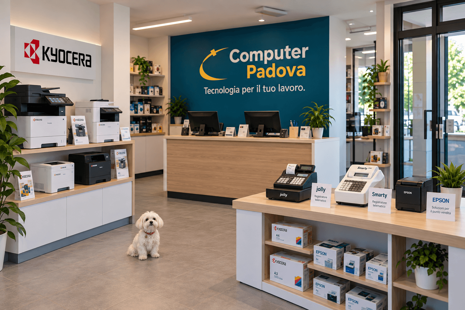 Showroom Computer Padova con multifunzione e registratori telematici in esposizione.